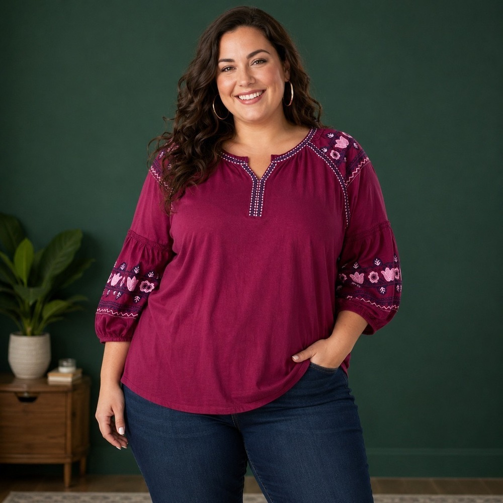 New Directions Women's 3X Top Boho Embroidered Peasant Prairie Festival Cottage